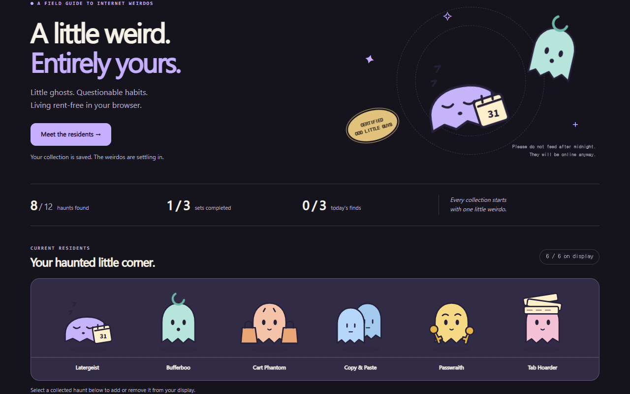 Tab Haunts collection showing eight collected ghosts and a six-character display